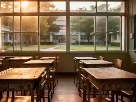 Ein leerer, sonnendurchfluteter Klassenraum mit leeren Holztischen und einem Blick in einen ruhigen Schulhof. - Foto: über boerse-global.de