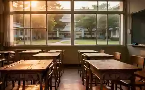 Ein leerer, sonnendurchfluteter Klassenraum mit leeren Holztischen und einem Blick in einen ruhigen Schulhof. - Foto: über boerse-global.de