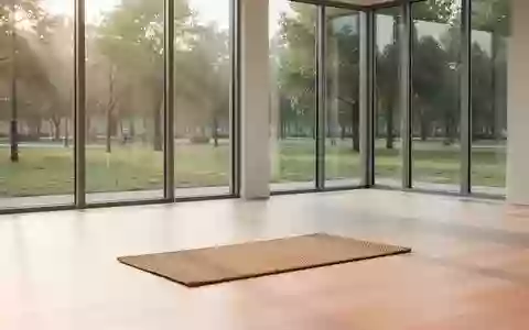 Ein heller, minimalistischer Übungsraum mit Holzboden und Blick auf einen grünen Park, in dem eine einzelne Yogamatte liegt. - Foto: über boerse-global.de