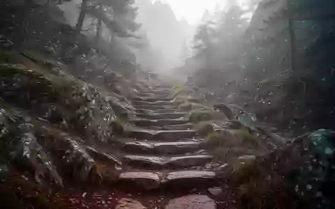 Ein steiler, felsiger Wanderpfad in einer nebligen Berglandschaft, der sich durch einen Wald schlängelt. - Foto: über boerse-global.de