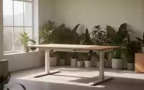 Ein helles, minimalistisches Büro mit einem höhenverstellbaren Holztisch und natürlichem Tageslicht sowie Zimmerpflanzen. - Foto: über boerse-global.de