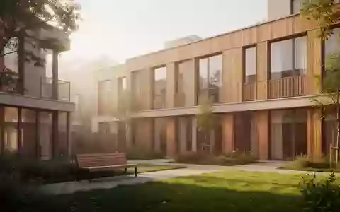 Modernes Wohngebäude mit Holzfassade und Gemeinschaftsgarten in einer freundlichen Wohnsiedlung. - Foto: über boerse-global.de