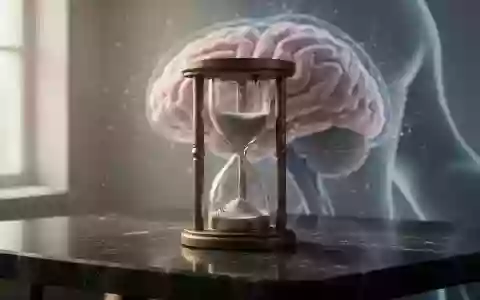 Eine Sanduhr auf einem dunklen Steintisch vor einem verschwommenen, abstrakten Hintergrund, der neurologische Strukturen andeutet. - Foto: über boerse-global.de