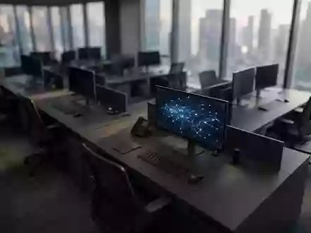 Ein moderner, leicht abgedunkelter Büroarbeitsplatz mit einem einzelnen Monitor, der abstrakte Daten visualisiert. - Foto: über boerse-global.de