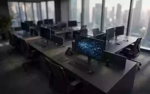 Ein moderner, leicht abgedunkelter Büroarbeitsplatz mit einem einzelnen Monitor, der abstrakte Daten visualisiert. - Foto: über boerse-global.de