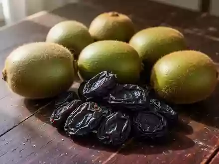 Frische Kiwis und getrocknete Pflaumen auf einem rustikalen Holztisch bei natürlichem Licht. - Foto: über boerse-global.de
