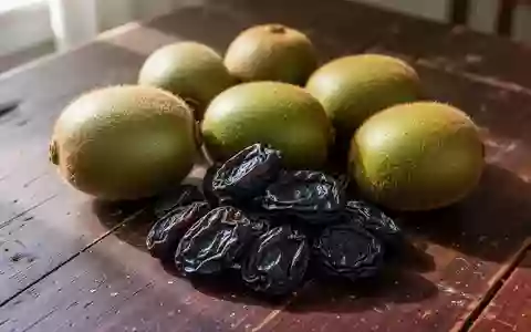 Frische Kiwis und getrocknete Pflaumen auf einem rustikalen Holztisch bei natürlichem Licht. - Foto: über boerse-global.de