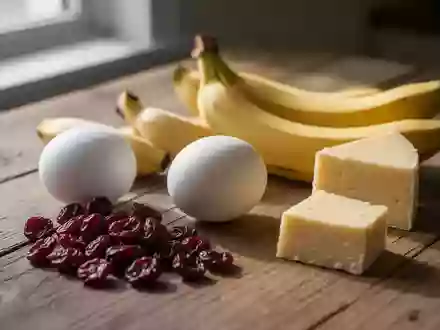 Natürliche, unverarbeitete Lebensmittel wie ein gekochtes Ei, Bananen, getrocknete Cranberrys und Käse auf einem Holztisch. - Foto: über boerse-global.de