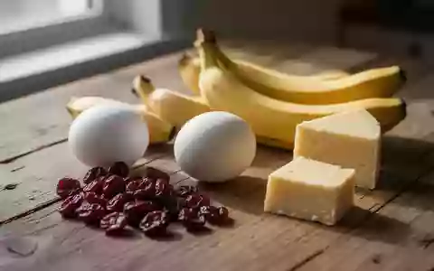 Natürliche, unverarbeitete Lebensmittel wie ein gekochtes Ei, Bananen, getrocknete Cranberrys und Käse auf einem Holztisch. - Foto: über boerse-global.de