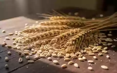 Nahaufnahme von rohen Getreidekörnern und Weizenhalmen auf einem rustikalen Holztisch, die eine gesunde Ernährung symbolisieren. - Foto: über boerse-global.de