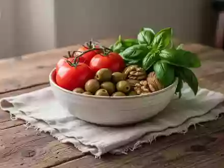 Eine Schale mit frischen mediterranen Lebensmitteln wie Tomaten, Oliven und Nüssen auf einem rustikalen Holztisch. - Foto: über boerse-global.de