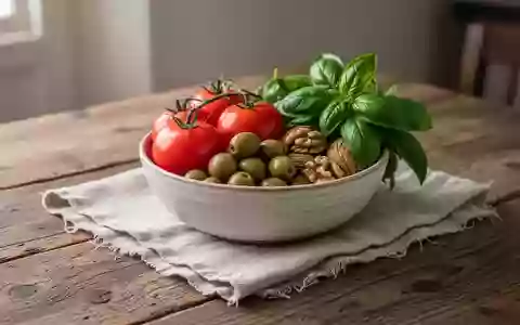 Eine Schale mit frischen mediterranen Lebensmitteln wie Tomaten, Oliven und Nüssen auf einem rustikalen Holztisch. - Foto: über boerse-global.de