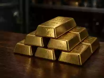 Goldbarren gestapelt in einem dunklen Tresorraum bei gedimmter Beleuchtung. - Foto: über boerse-global.de