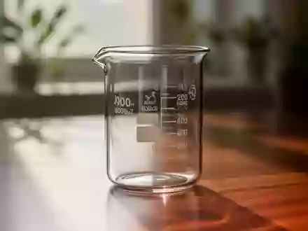 Ein leeres, sauberes Glasbecherglas auf einer Holzoberfläche in einem hellen, ruhigen Laborumfeld. - Foto: über boerse-global.de