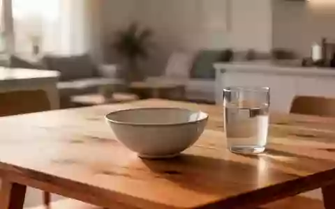 Ein minimalistisch gedeckter Esstisch mit einer leeren Keramikschale und einem Glas Wasser in natürlichem Morgenlicht. - Foto: über boerse-global.de