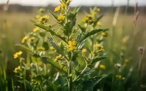 Detailaufnahme einer Heilpflanze mit grünen Blättern und kleinen gelben Blüten in einer natürlichen Wiesenlandschaft. - Foto: über boerse-global.de