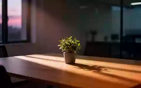 Ein minimalistischer, ruhiger Arbeitsplatz in der Abenddämmerung mit einer kleinen Pflanze auf einem leeren Holztisch. - Foto: über boerse-global.de