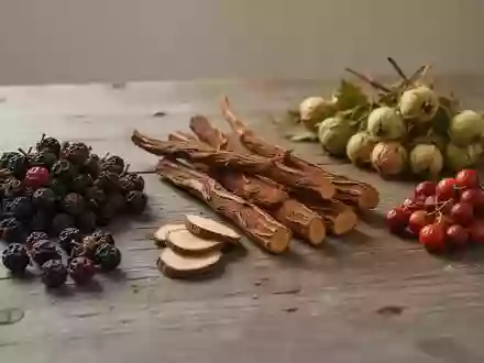 Getrocknete Schisandra-Beeren, Salvia-Wurzeln und Weißdornbeeren auf einem Holztisch. - Foto: über boerse-global.de