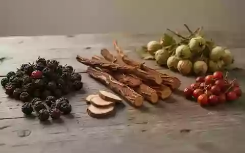 Getrocknete Schisandra-Beeren, Salvia-Wurzeln und Weißdornbeeren auf einem Holztisch. - Foto: über boerse-global.de