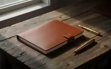 Ein minimalistischer, aufgeräumter Schreibtisch mit einem leeren Buch und einem Füllfederhalter bei natürlichem Licht. - Foto: über boerse-global.de