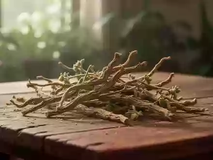 Getrocknete Ashwagandha-Wurzeln auf einem hölzernen Tisch vor einem unscharfen, ruhigen Hintergrund mit grünen Pflanzen. - Foto: über boerse-global.de