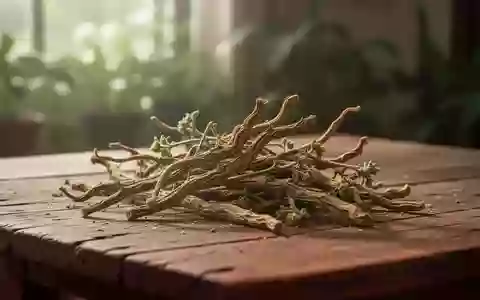 Getrocknete Ashwagandha-Wurzeln auf einem hölzernen Tisch vor einem unscharfen, ruhigen Hintergrund mit grünen Pflanzen. - Foto: über boerse-global.de