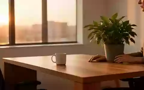 Ein minimalistischer, ruhiger Arbeitsplatz mit einer Pflanze und einer leeren Tasse in warmem Sonnenlicht. - Foto: über boerse-global.de