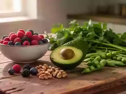 Eine Auswahl frischer, unverarbeiteter Lebensmittel wie Beeren, Avocado, Walnüsse und grünes Gemüse auf einem Holztisch. - Foto: über boerse-global.de