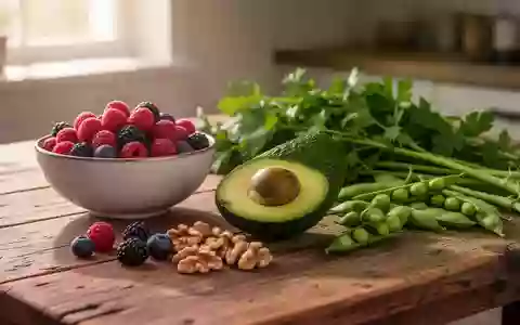 Eine Auswahl frischer, unverarbeiteter Lebensmittel wie Beeren, Avocado, Walnüsse und grünes Gemüse auf einem Holztisch. - Foto: über boerse-global.de