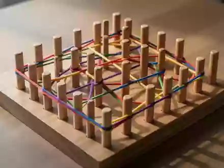 Ein hölzernes Geoboard mit bunten Gummibändern, die geometrische Muster bilden, auf einem Holztisch. - Foto: über boerse-global.de
