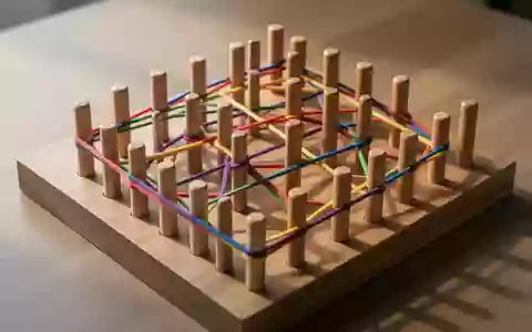 Ein hölzernes Geoboard mit bunten Gummibändern, die geometrische Muster bilden, auf einem Holztisch. - Foto: über boerse-global.de