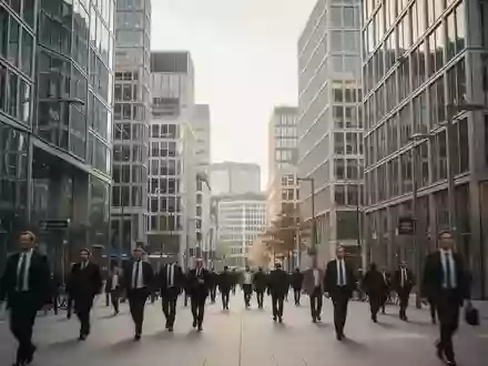 Blick auf das Frankfurter Bankenviertel bei Tageslicht mit Passanten vor modernen Bürogebäuden. - Foto: über boerse-global.de
