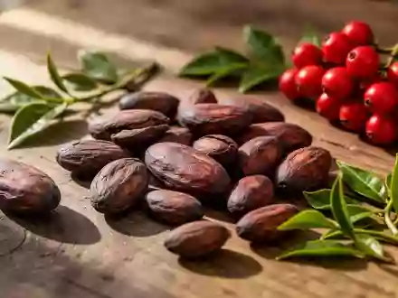 Nahaufnahme von rohen Kakaobohnen, roten Beeren und grünen Teeblättern auf einem rustikalen Holztisch. - Foto: über boerse-global.de
