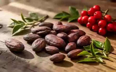 Nahaufnahme von rohen Kakaobohnen, roten Beeren und grünen Teeblättern auf einem rustikalen Holztisch. - Foto: über boerse-global.de