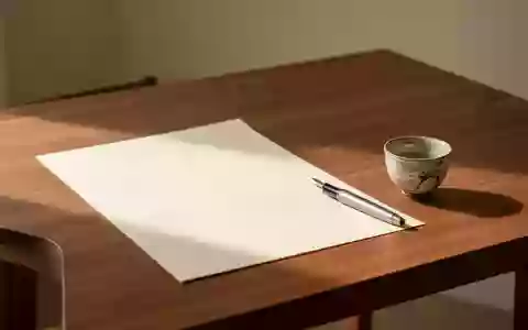 Ein minimalistischer Holztisch mit einem leeren Blatt Papier, einem Füllfederhalter und einer japanischen Teetasse bei Tageslicht. - Foto: über boerse-global.de