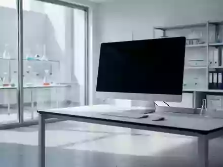Ein minimalistisches, helles Labor mit einem ausgeschalteten Computerbildschirm und wissenschaftlichen Glasgeräten im Hintergrund. - Foto: über boerse-global.de
