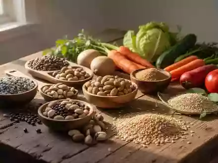 Frische, naturbelassene Lebensmittel wie Hülsenfrüchte, Nüsse und Gemüse auf einem Holztisch bei natürlichem Tageslicht. - Foto: über boerse-global.de