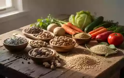Frische, naturbelassene Lebensmittel wie Hülsenfrüchte, Nüsse und Gemüse auf einem Holztisch bei natürlichem Tageslicht. - Foto: über boerse-global.de