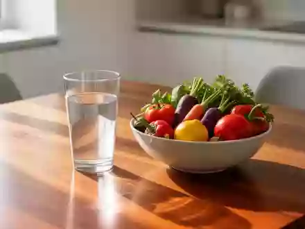 Ein Glas Wasser und eine Schale mit frischem Gemüse auf einem hellen Holztisch in einer modernen Küche. - Foto: über boerse-global.de