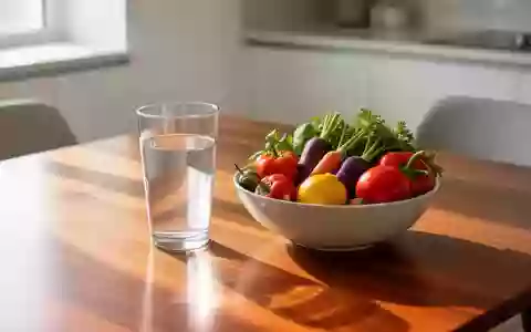 Ein Glas Wasser und eine Schale mit frischem Gemüse auf einem hellen Holztisch in einer modernen Küche. - Foto: über boerse-global.de