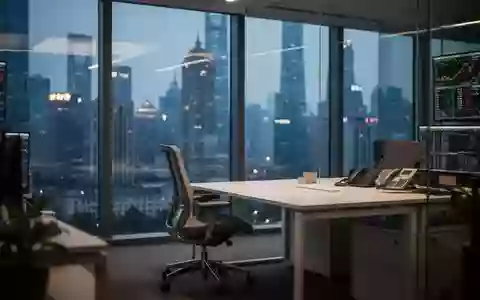 Ein leerer moderner Büroarbeitsplatz mit Blick auf die Skyline von Shanghai bei Dämmerung. - Foto: über boerse-global.de