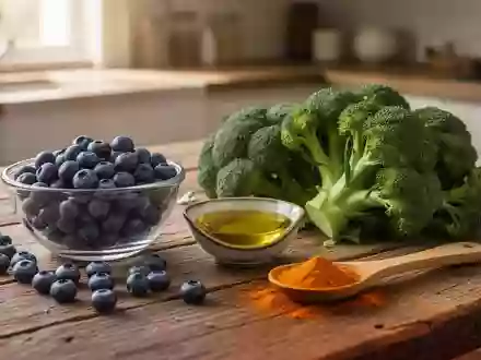 Frische Lebensmittel wie Blaubeeren, Brokkoli, Olivenöl und Kurkuma auf einem Holztisch. - Foto: über boerse-global.de