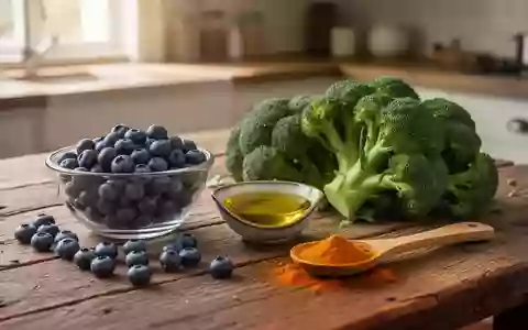 Frische Lebensmittel wie Blaubeeren, Brokkoli, Olivenöl und Kurkuma auf einem Holztisch. - Foto: über boerse-global.de