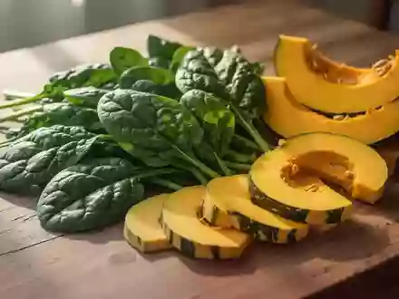 Frischer Spinat und Kürbis auf einem Holztisch als natürliche Quellen für Lutein und Zeaxanthin. - Foto: über boerse-global.de
