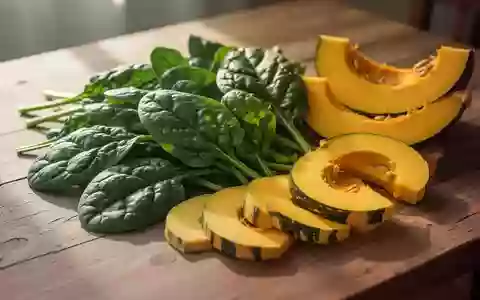 Frischer Spinat und Kürbis auf einem Holztisch als natürliche Quellen für Lutein und Zeaxanthin. - Foto: über boerse-global.de