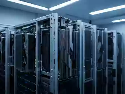 Reihen von Hochleistungs-Server-Hardware in einem modernen, blau beleuchteten Serverraum. - Foto: über boerse-global.de