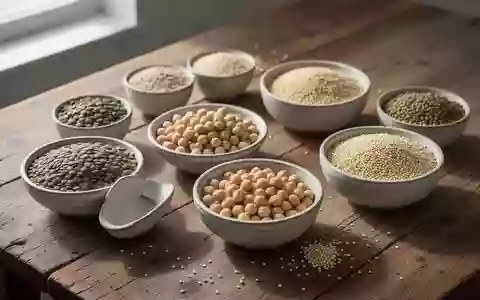 Eine Auswahl an pflanzlichen Proteinquellen wie Linsen, Kichererbsen und Quinoa in schlichten Schalen auf einem Holztisch. - Foto: über boerse-global.de
