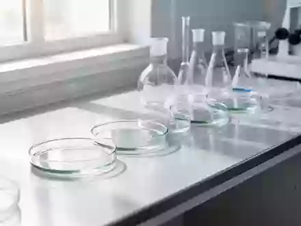 Laborumgebung mit Glas-Petrischalen und Laborgeräten auf einem sterilen Labortisch in einem hellen, klinischen Umfeld. - Foto: über boerse-global.de