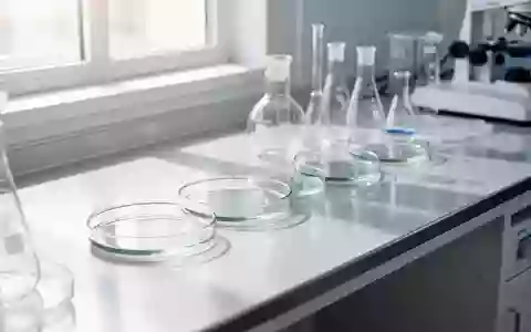 Laborumgebung mit Glas-Petrischalen und Laborgeräten auf einem sterilen Labortisch in einem hellen, klinischen Umfeld. - Foto: über boerse-global.de