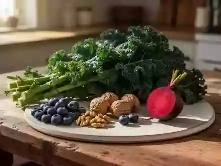 Frische Zutaten wie Grünkohl, Blaubeeren, Walnüsse und Rote Bete auf einem hölzernen Küchentisch bei natürlichem Licht. - Foto: über boerse-global.de